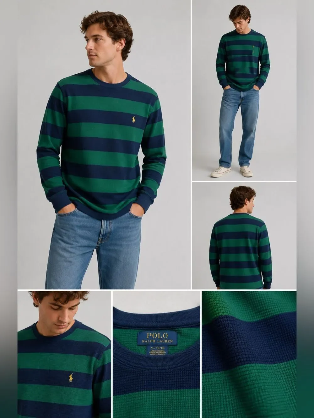 Polo Ralph Lauren Shirt Adult Striped Green Blue Waffle Knit Long Sleeve Size XL